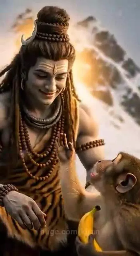 Lord Shiva creating animals and humans against a backdrop of mountains and rural landscapes.