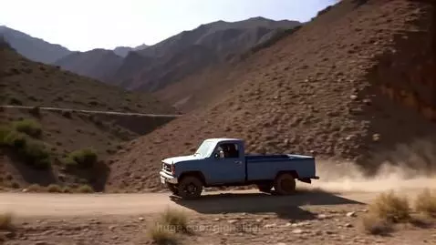 Light blue pickup truck driving on a dusty, winding dirt road in a vast, arid mountainous landscape.