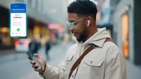Man with AI glasses looking at smartphone, holographic banking app shows deposit received notification.