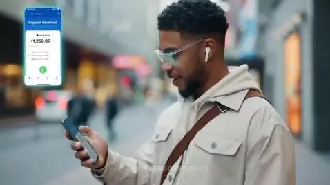Man in sunglasses walking on city street, smiling at smartphone showing a +1,250.00 deposit notification.