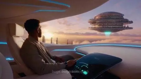Man in a futuristic self-driving car looking at a sunset and a floating sky mansion.