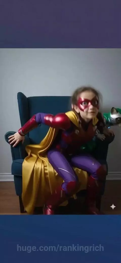 Young girl and cat in superhero costumes surrounded by aliens in a desert landscape.