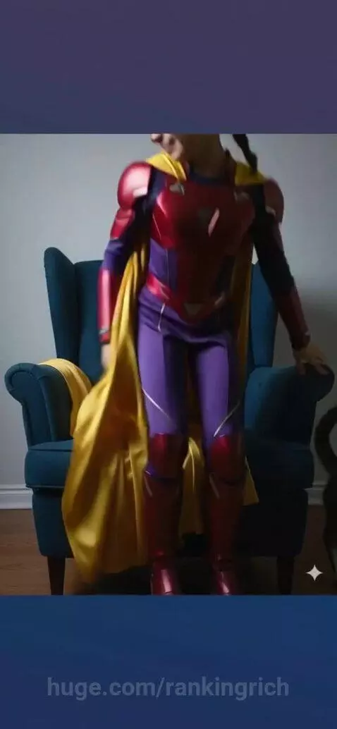 Tabby cat in a superhero costume playfully breakdancing in front of an armchair with a cape.