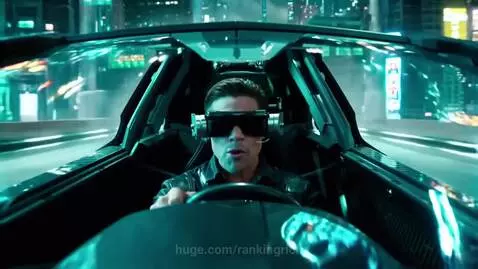 Man in futuristic goggles driving a sleek car through a neon-lit city, focused on winning a top spot.