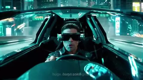 Man in VR goggles driving futuristic car through neon city, focused on finding the key for legacy.