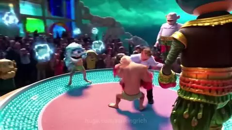 Animated boxing match with two boxers in a futuristic arena, a referee, and a cheering crowd.