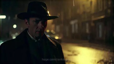 Man in dark coat and hat illuminated by streetlights on a wet street at night, with falling rain.