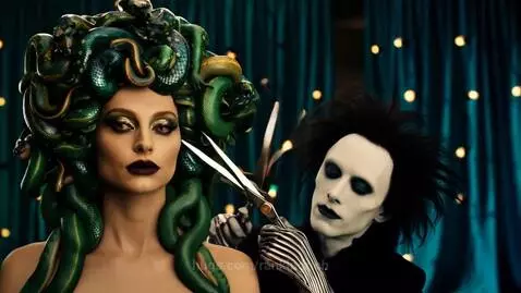 Medusa with snake hair and gold makeup being styled by Edward Scissorhands with large scissors.