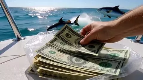 Hand counting stacks of US dollar bills in a plastic bag on a boat deck, with fish jumping in the ocean background.