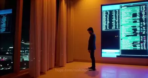Man in suit looking out window at city at night, with data screens in foreground.