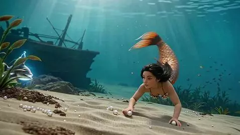 Animated mermaid with orange tail swimming near sunken ship, collecting pearls, encounters anglerfish that transforms into a merman.