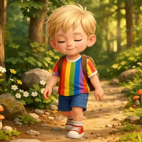 Animated boy with blonde hair and rainbow shirt walking on a forest path with wildflowers and mushrooms.