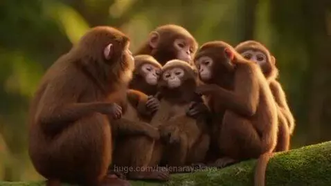 A family of fluffy brown monkeys looking with surprise at tall palm trees full of ripe yellow bananas in a sunny jungle.