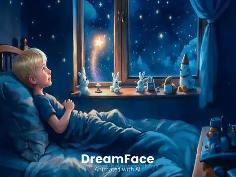 Young boy in bed looking out window at a starry night sky with a shooting star. Toys on windowsill.