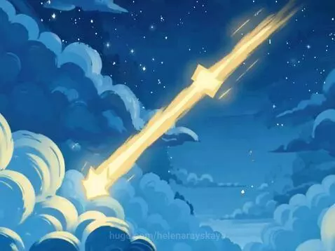 Animated yellow star with a glowing trail falling through a dark blue starry sky and blue clouds towards a pine forest.