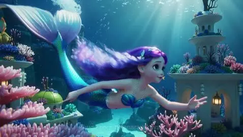 Animated mermaid with purple hair and blue tail swimming in a colorful, fantasy underwater city with coral and fish.