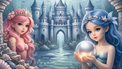 Two animated mermaids in an underwater kingdom, one with pink hair and the other with blue hair, admiring a glowing pearl.