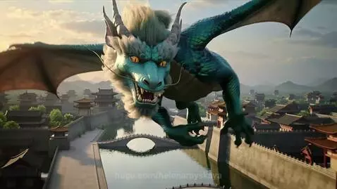 A majestic teal dragon with a white mane and yellow eyes flies over an ancient Chinese city with canals and mountains.