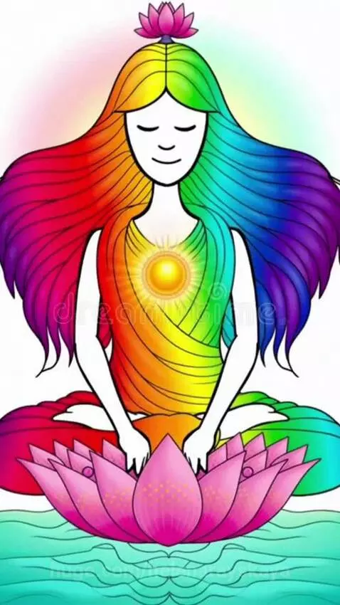 Animated person meditating on a pink lotus with rainbow hair and aura, symbolizing chakras.