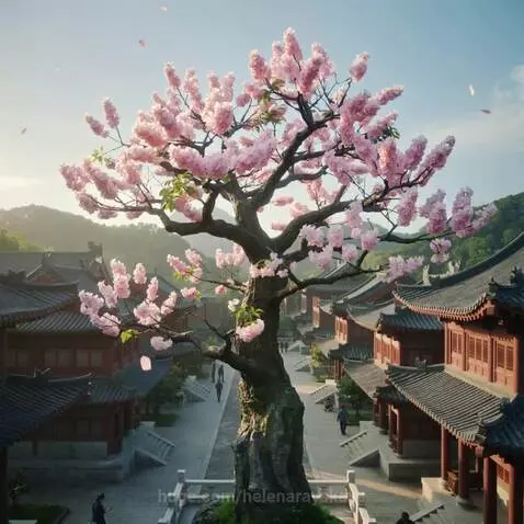 Vibrant cherry blossom tree in full bloom, set against traditional Asian architecture and a clear sky.