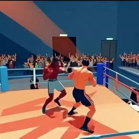 Animated boxers transition to live-action fighters in a fierce boxing match with a cheering crowd.