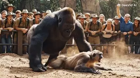 A large gorilla stands upright, beating its chest and roaring in an enclosure, with a cheering crowd in the background.