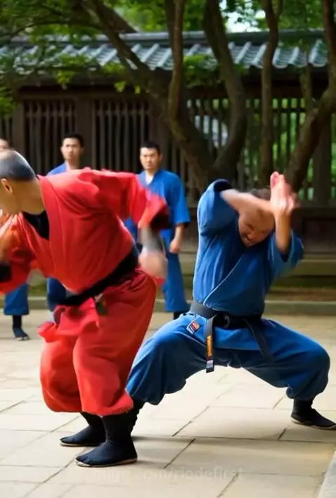 Two men in martial arts uniforms performing a choreographed fight outdoors, one in red, one in blue.