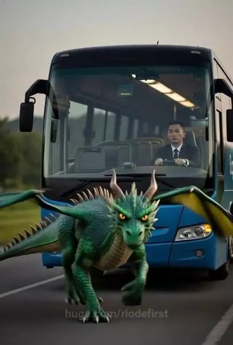 A large green dragon with wings and horns roaring at a terrified bus driver inside a blue bus.