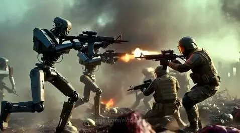 Human soldiers in a dusty, war-torn landscape firing assault rifles at humanoid robots, with explosions and debris.