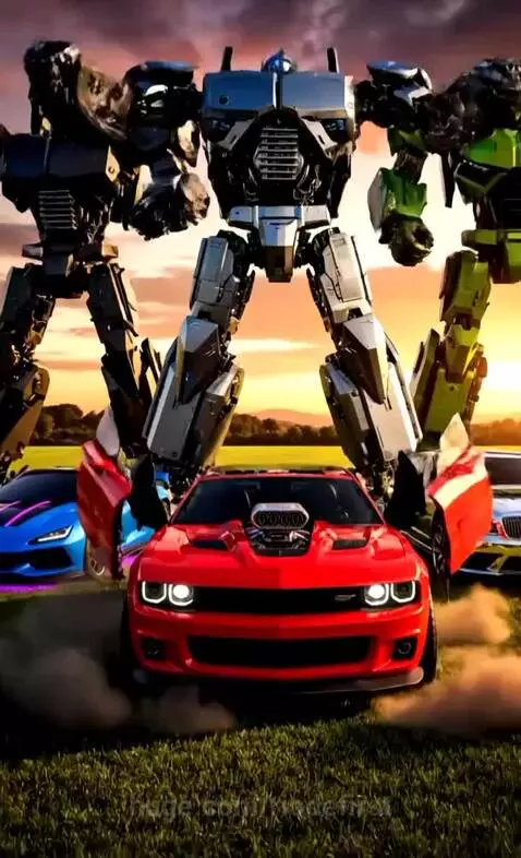 Giant robots resembling Transformers emerging and transforming from cars in a grassy field at sunset.