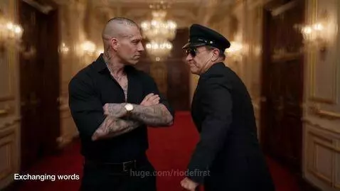 A man in a suit and cap punches a tattooed man in a luxurious hallway with a red carpet.