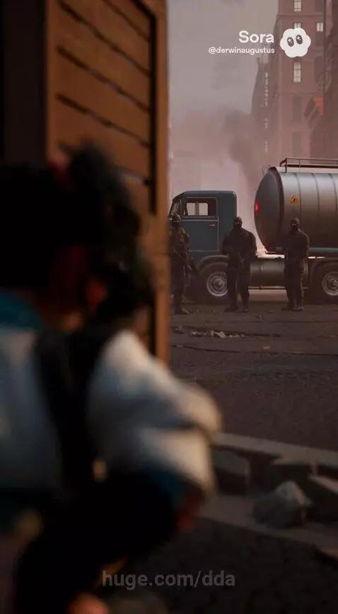 Anime girl with pigtails and headphones firing a rocket launcher in a city street at sunset.