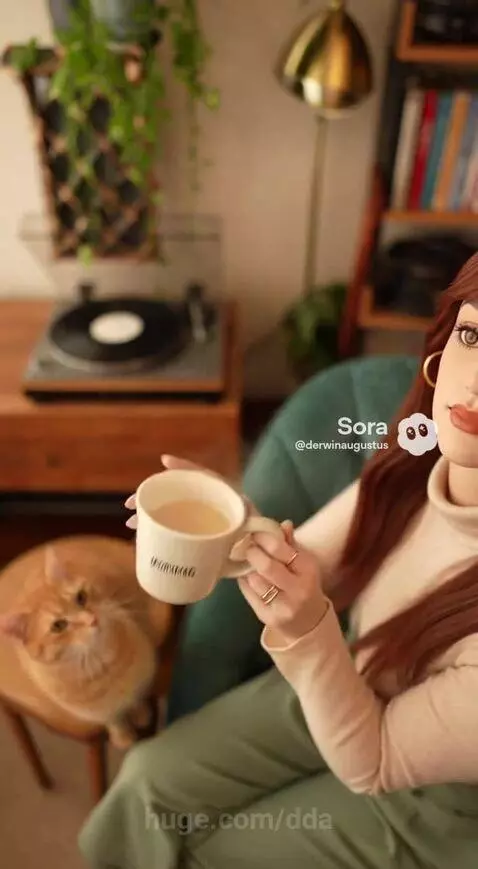 Woman with reddish-brown hair in a beige turtleneck and green pants, sitting in a chair with a ring light.