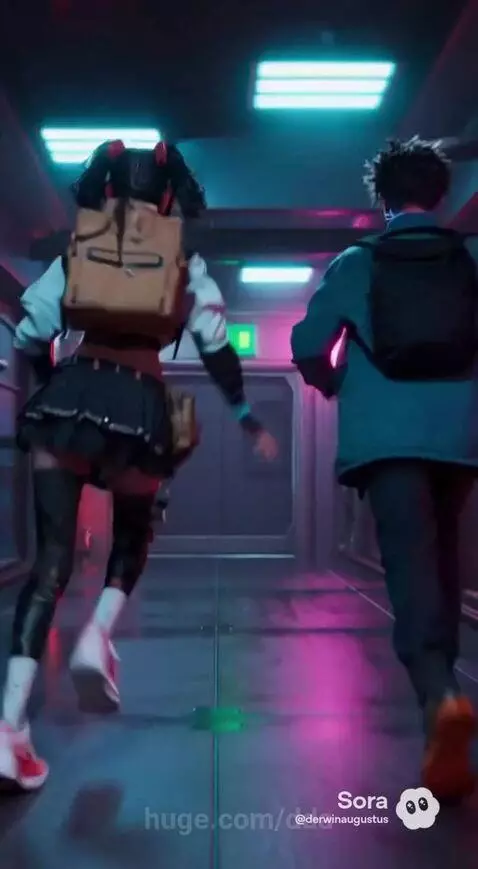 Two animated characters on a futuristic city rooftop at night, with a helicopter taking off.