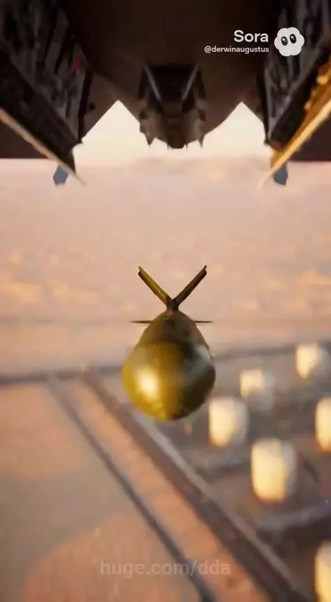 Fighter jet releasing a bomb over a desert industrial complex, followed by a large explosion and mushroom cloud.