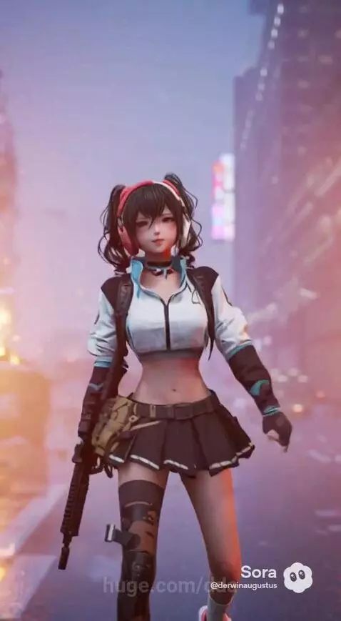 Female soldier in urban combat firing a rifle near burning cars and explosions.