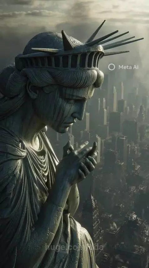 Weathered Statue of Liberty figure with somber expression, overlooking a desolate city under a cloudy sky.