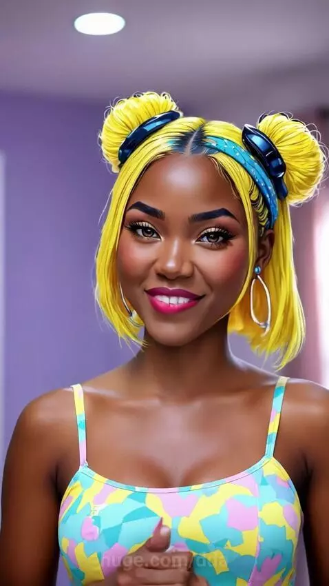 Young woman with yellow hair in buns and a bob, wearing a colorful patterned mini-dress and white sandals, smiling and posing.