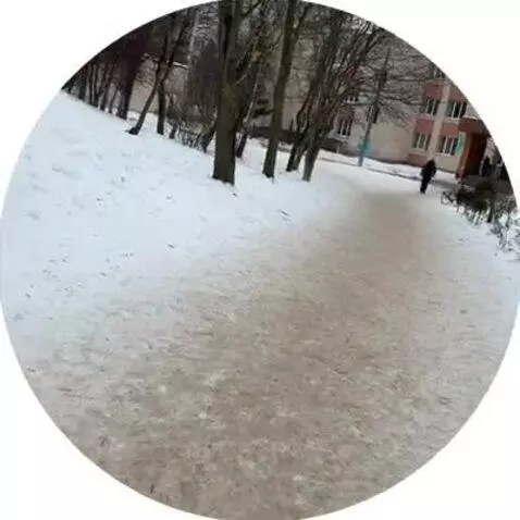 First-person view of a snowy path leading to a multi-story building with bare trees and evergreen bushes.