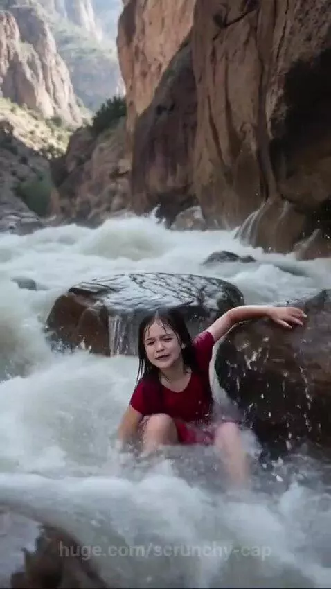 A monkey looking down from a cliff as soldiers rescue a girl from a river below.
