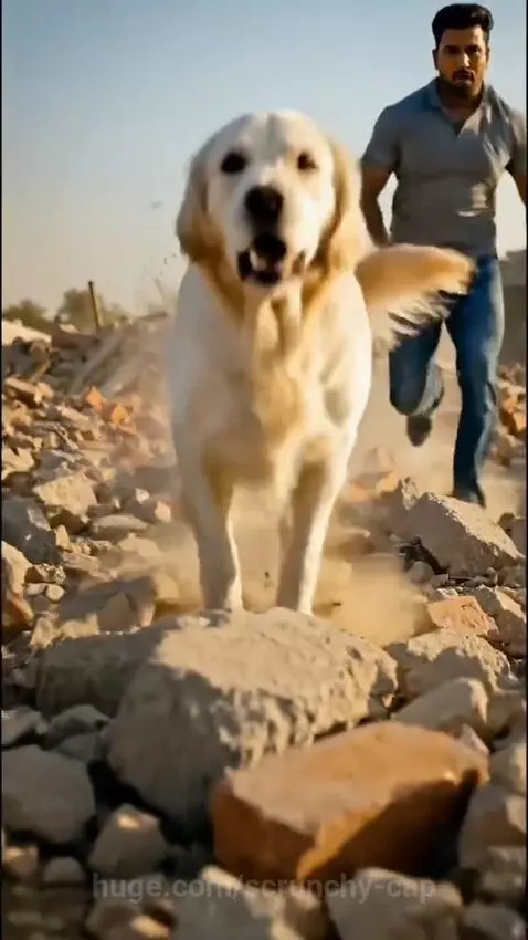 Touching moments where golden retriever saves a puppy by scrunchy-cap