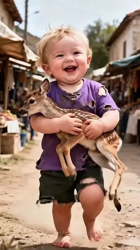 A baby happily hugging a small deer in a market, with a man looking surprised in the background.