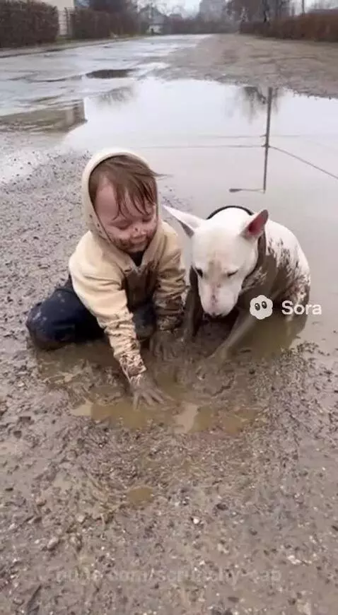 A child in a beige hoodie and blue pants smiles while kneeling in a muddy puddle, hugging a mud-covered white Bull Terrier.