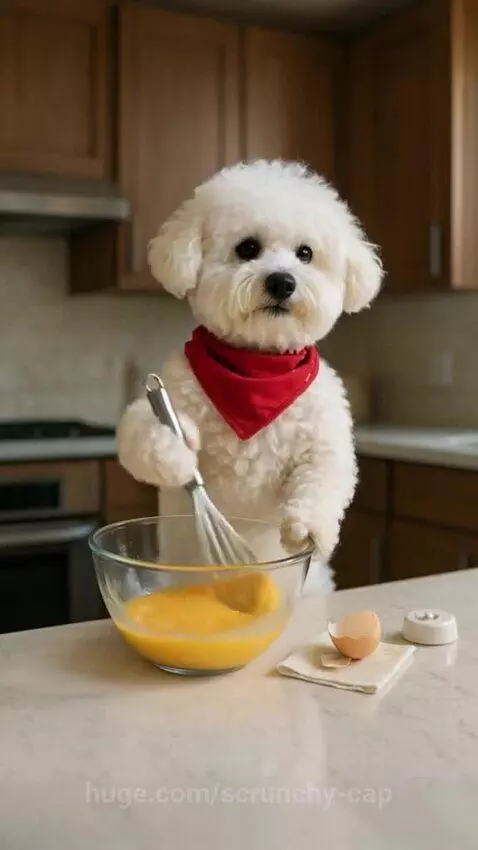 Fluffy white dog presenting a freshly baked cake dusted with powdered sugar to a happy baby.