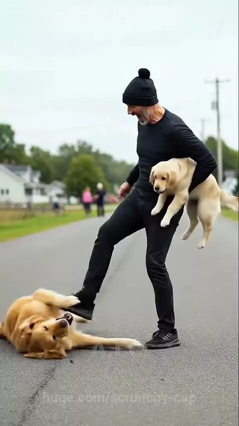 A group of German Shepherds carrying a Golden Retriever puppy back to its mother.