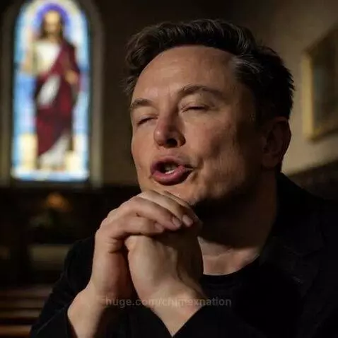 Elon Musk in a church setting, hands clasped, looking up with a stained-glass Jesus Christ window behind him.