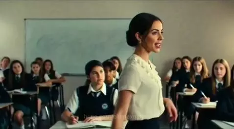 Female teacher in a white blouse and dark skirt leading a class on the 'Theory of Life'.