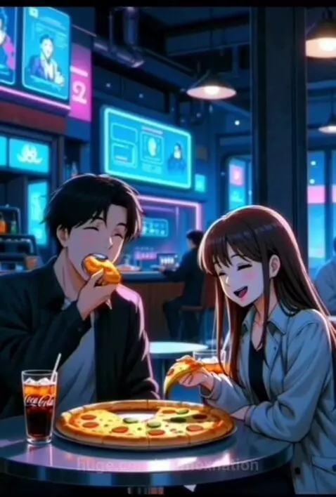 Anime couple on a date at a neon restaurant, discussing jobs and skills.