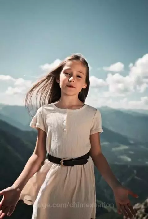 Young girl in a light dress on a mountain peak, hair blowing, with a message of faith and gratitude.