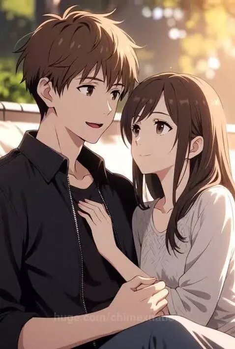 Anime couple embracing, male with brown hair, female with long brown hair, expressing love and affection.